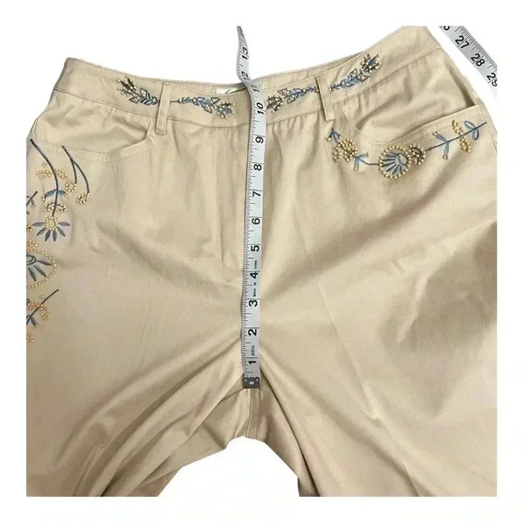 Talbots Petite Khaki Blue Beaded Floral Cropped Capri Pants Womens size 12 New - Picture 9 of 13